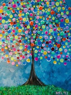 a painting of a tree with colorful circles on it