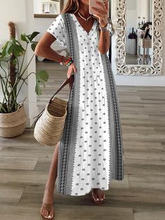 White Non-stretch Maxi Dress With V-neck, Patterned Short Sleeve Summer Maxi Dress, Patterned Short Sleeve Maxi Dress For Summer, White Non-stretch Maxi Dress For Vacation, White Non-stretch Maxi Dress For Day Out, Patterned Tunic Maxi Dress For Summer, Casual Long Patterned Dress, Long Bohemian Shift Dress, Casual Printed Tunic Maxi Dress