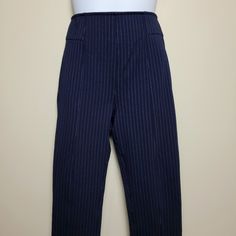 H&M High Waisted Pull-On Zip Ankle Navy Pin Stripe Pants - Stretchy Waist - Size 4 See Pics For Measurements Navy Fitted Bottoms For Office, Navy High Waist Fitted Bottoms, Navy Wide Leg Fitted Bottoms, Navy Fitted Wide Leg Bottoms, Navy Fitted High-waisted Pants, Navy Formal Bottoms For Spring, High Waist Blue Office Bottoms, Blue High Waist Bottoms For Office, Blue High-waisted Bottoms For Office