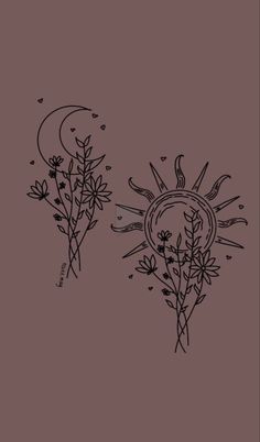 the sun and flowers are drawn in black ink on a brown background, with small stars