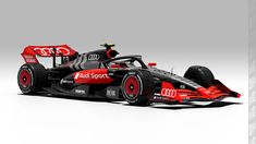 a red and black race car on a white background with the words audi sport written on it