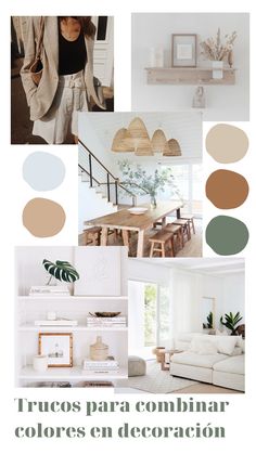 a collage of different colors and furniture in a living room with the words trucos para combinar colores en decor