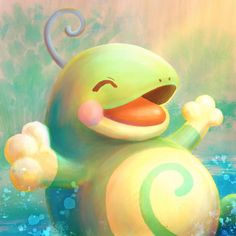 a painting of a yellow and green creature with its arms in the air, smiling