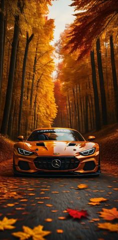 an orange sports car driving down a road surrounded by trees with leaves on the ground