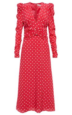 Chic Red Printed Midi Dress, Luxury Elegant Polka Dot Midi Dress, Luxury Fitted Polka Dot Midi Dress, Red A-line Midi Dress With Buttons, Midi Silk Dress, Luxury Fitted Midi Dress With Polka-dot Pattern, International Clothing, Alessandra Rich, Runway Dresses