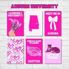 the auburn university poster is shown in pink and white, with an image of a tiger on