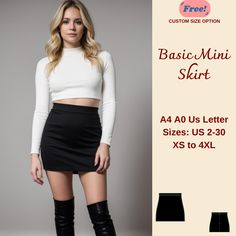 Basic Mini Skirt Sewing Pattern, Strech skirt, Bodycon Mini Skirt, Formal Skirt, Leather Skirt, Fitted Mini Skirt, Basic Skirt, XS-4XL Available as an instant download (pdf) sewing pattern bundle with a range of size options: US Sizes: 2, 4, 6, 8, 10, 12, 14, 16, 18, 20, 22, 24, 26, 28, 30 Standard Sizes: XS, S, M, L, XL, 2XL, 3XL, 4XL These patterns are suitable for A4, A0, and US Letter size papers. As soon as your payment is processed, you will automatically receive download links for the pat Stretch Lined Mini Skirt, Fitted Mini Skirt Casual Style, Fitted Pencil Skirt Skort For Fall, Fitted Pencil Skort For Fall, Fitted Lined Mini Skirt, Fitted Mini Skirt In Black, Solid Color Fitted Mini Skirt, Stretch Mini Skirt, Mini Skirt Sewing