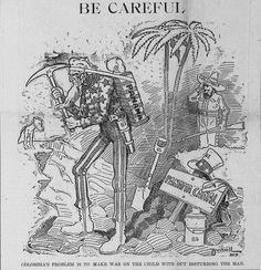 : As Uncle Sam (the United States) digs a trench with the infant Panama on his back, Colombia looks on and wonders how to grab Panama without Uncle Sam noticing. Date	4 January 1904 January 4, Uncle Sam