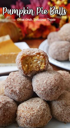 A stack of pumpkin pie balls on a plate with a bite taken out of the top one and a slice of pumpkin pie on a plate in the background. Pumpkin Pie Balls, Leftover Pumpkin Pie, Punkin Pie, Fried Pumpkin, Pie Balls, Frozen Pumpkin Pie, Sausage And Potato Bake, Pumpkin Balls, Frozen Pumpkin