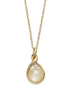 Touch up your look with twisted elegance. This sophisticated pendant combines a luxe 14k gold setting with a cultured freshwater pearl (6-1/2mm) and a single diamond accent. Approximate length: 18 inches. Approximate drop: 3/4 inch. Simple Pearl Pendant, Single Pearl Pendant, Luxe Necklace, Diamond Pendant Sets, Cultured Pearl Necklace, 14k Gold Necklace, Pearl Pendant Necklace, Freshwater Cultured Pearls, Girly Jewelry