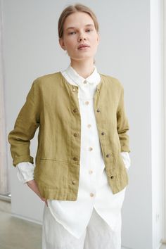 Spring Linen Outerwear With Button Closure, Khaki Linen Button-up Outerwear, Casual Linen Outerwear With Button Cuffs, Khaki Linen Outerwear With Pockets, Linen Spring Outerwear With Button Cuffs, Spring Linen Outerwear With Button Cuffs, Fall Linen Outerwear With Buttons, Khaki Linen Single-breasted Outerwear, Spring Linen Outerwear With Buttons