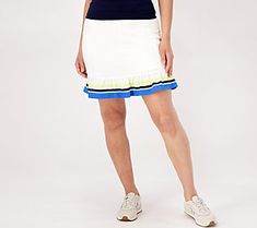 Who say sporty can't be stylish? This striped skort looks great with tanks and tees while protecting your modesty with built-in undershorts. From AB by Addison Bay.  Original item is A481952. This product may be a customer return, vendor sample, or on-air display and is not in its originally manufactured condition. It may not be new. In some instances, these items are repackaged by QVC. Summer Cotton Athleisure Tennis Skirt, Sporty Cotton Skort For Summer, Cotton Stretch Bottoms For Tennis, Stretch Cotton Tennis Bottoms, Summer Cotton Athleisure Skort, Summer Cotton Tennis Shorts, Cotton Athleisure Skort For Summer, Sporty Cotton Tennis Bottoms, Casual Striped Skort For Spring