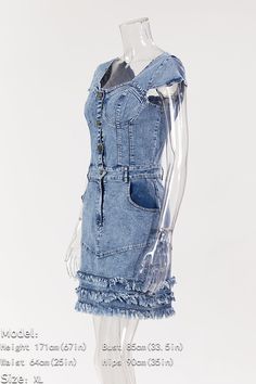 Get ready to turn heads in our Single Breasted Multi-layer Tassel Denim Mini Dress! With a trendy single breasted design and unique multi-layer tassel detailing, this dress is sure to make a statement. Available in sizes S-3XL, so everyone can rock this must-have piece. Decoration Button , Pockets , Tassel Length Above Knee, Mini Style Sexy & Club Fabric Type Blended fabrics , Denim Material Polyester , Lanon , Cotton Neckline Square Collar Pattern Type Solid Silhouette Sheath Sleeve Length Shor Trendy Denim Mini Dress With Ruffles, Trendy Denim Blue Ruffled Dress, Mini Denim Dress With Frayed Hem, Trendy Ruffled Mini Denim Dress, Cotton Denim Dress With Frayed Hem, Denim Mini Dress With Frayed Hem, Chic Denim Dress With Frayed Hem In Mini Length, Trendy Blue Denim Dress With Ruffles, Trendy Summer Denim Dress With Ruffles