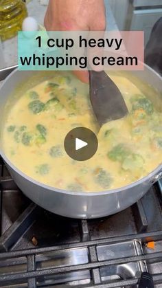 a person stirring food in a pan on top of an oven with the words 1 cup heavy whipping cream