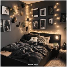 a bedroom decorated with lights and pictures on the wall