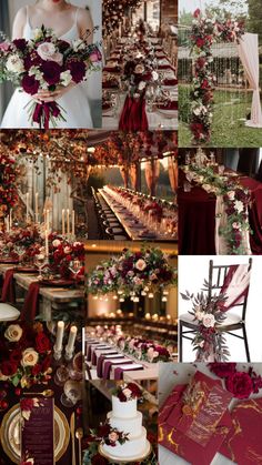 a collage of red and gold wedding decor with flowers, candles, and napkins