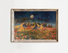 an oil painting of three women in a field at night with the moon above them