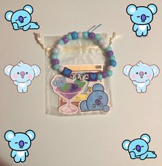 These are adorable bracelets made for any BTS or BT21 fans!  (˃̵ᴗ˂̵) ♡ -------------------------------------------------- THESE WILL BE DISCONTINUED!! Once these sets sell this product will go away as a whole🤧 *ONLY ONE OF EACH BRACELET SET AVAILABLE. These are one of a kind, so once one is gone, there will not be an exact replica of it made! Each set Includes: *One handmade BT21 character-themed bracelet (your choice) *3 BT21 character-themed stickers (shown in pic based on the bracelet you se Cute Blue Charm Bracelet For Friendship, Kpop Style Friendship Bracelets As Gift, Handmade Kpop Beaded Bracelets For Gifts, Handmade Kpop Beaded Bracelets As Gift, Handmade Beaded Bracelets Kpop Style Gift, Kpop Style Blue Beaded Bracelets As Gift, Blue Kpop Style Beaded Bracelet Gift, Blue Kpop Style Jewelry For Gift, Bead Charms Diy