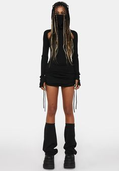 has a stretchy ribbed jersey knit construction with a washed black finish and a racerback cut-out design with an embroidered 'D' logo graphic. This hooded mini dress features a cowled turtle neckline that can be pulled up into a mask, long sleeves with thumbholes, and a skirt with ruching and adjustable ties. Rave Clothes, Cut Out Mini Dress, Fishnet Top, Mesh Tops, Ruched Mini Dress, Punk Rave, Cargo Skirt, Black Doll, Themed Outfits