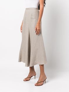 VOZ Spiral Linen Midi Skirt - Farfetch Chic Linen Long Skirt, Fitted Linen Knee-length Bottoms, Chic Long Linen Skirt, Fitted Knee-length Linen Bottoms, Chic Linen Lined Skirt Bottoms, Knee-length Linen Bottoms For Workwear, Beige Midi-length Bottoms For Spring, Linen Asymmetrical Skirt With Lining, Asymmetrical Linen Lined Skirt