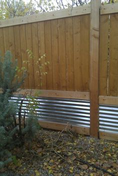 a wooden fence with metal slats in the middle and trees around it, along with leaves on the ground