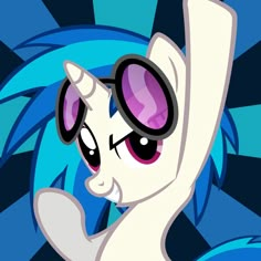 an animated pony with sunglasses on it's head and arms up in the air