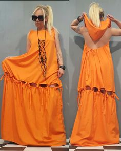 "Avant Garde Orange Linen Dress, Asymmetrical Dress, Party Cocktail Dress, Steampunk Dress, Extravagant Orange Dress, Gothic Dress, Linen Dress, Loose Dress ❤️ Extravagant designs and high quality fabrics! ❤️ Materials & Care Linen, Viscose Hand wash at low temperatures. Do not machine dry. Do not iron. Do not dry clean! ❤️ Sizing We can make your piece from XS to 5XL! Everything in the shop can be also made according to your measures free of charge! ❤️ Shipping ✈ Ready to ship The time I need t Summer Costume Party Dress With Asymmetrical Hem, Spring Maxi Dress For Costume Party, Orange Asymmetrical Summer Dress, Bohemian Asymmetrical Dress For Party, Bohemian Asymmetrical Party Dress, Asymmetrical Hem Dress For Festival, Orange Dress For Costume Party, Meditation Clothes, Orange Linen Dress