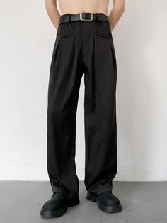 Men Solid Color Straight-Leg Casual Suit Pants Black    Fabric Plain  Non-Stretch  Men Clothing, size features are:Bust: ,Length: ,Sleeve Length: Black Cotton Dress Pants For Fall, Baggy Black Dress Pants With Pockets, Black Baggy Dress Pants With Pockets, Black Relaxed Fit Dress Pants For Fall, Baggy Dress Pants With Pockets For Fall, Fall Dress Pants With Pockets And Relaxed Fit, Black Dress Pants With Pockets For Fall, Formal Pants For Men, Mode Costume