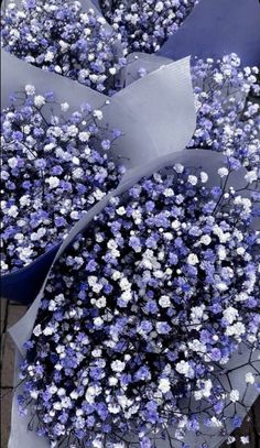 bunches of blue and white flowers sitting on top of a brick floor next to each other