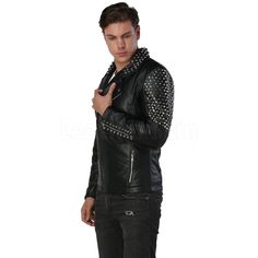 About Cooper Black Studded Leather Jacket Let the wait end and embrace the timeless notion of manhood- with a charm that is simply you. Sure, breaking stereotypes is nice, but sometimes, it’s the thrill that being a bad boy gives. Let’s all let go of prim and proper gentleman and be a rebellious and masculine hunk for the night. Trust us, and you won’t regret it one bit. For all our snazzy tough guys, we at Leather Skin Shop offer you with our personal favorite: the Men’s Black Spike Leather Jacket. The epitome of leather, bold, and striking, this jacket is the closet-essential for every trendy and buoyant debonair. Throw this jacket on and be a fine and rugged handsome who steals limelight as he heads out. Rock the party and slay hearts like no one’s business. Leave the jacket zipped half Edgy Studded Leather Jacket For Streetwear, Black Leather Jacket With Studs, Rock And Roll Style Outerwear For Fall Streetwear, Fall Rock And Roll Style Outerwear For Streetwear, Studded Black Leather Jacket For Streetwear, Black Studded Leather Jacket For Streetwear, Black Biker Leather Jacket With Studs, Black Studded Biker Leather Jacket, Rock And Roll Black Winter Outerwear