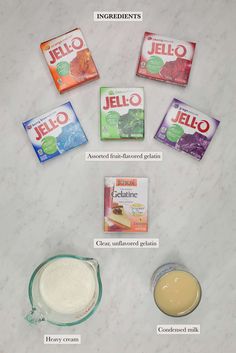 the ingredients for jello are displayed on a counter