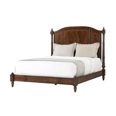 a wooden bed with white sheets and pillows on top of it, against a white background