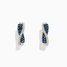 14K Two Tone Gold Blue and White Diamond Crossover Hoop Earrings, 1.00 TCW Fine Jewelry Blue Hoop Earrings, Blue Hoop Earrings Fine Jewelry, Blue Small Hoop Earrings For Anniversary, Gold Yellow, White Diamond, Crossover, Sapphire Ring, Two Tone, Sapphire