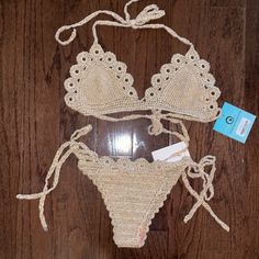 Nwt Plumeria Swimwear Exuma Bikini In Gold Shimmer -Crochet. Large Top And Small Bottom. Crochet Swimwear For Poolside Vacation, Beachwear Crochet Swimwear For Vacation, Crochet Swimwear For Beachwear Vacation, Crochet Beachwear Swimwear For Vacation, Crochet Tie-side Bottom Swimwear For Vacation, Crochet Tie-side Swimwear For Vacation, Crochet Trim Tie-side Swimwear For Beach Season, Fitted Crochet Beachwear Top For Beach Party, Lace Crochet Top For Beachwear On Vacation