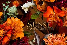 the sun set floral art collection is displayed in front of an orange and red background