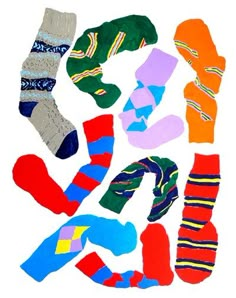 several pairs of colorful socks laid out on top of each other