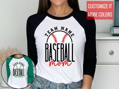 A stylish spin on the classic baseball raglan. The combed cotton blend makes it super soft, comfortable, and lightweight. * All solid colors are 100% ring-spun cotton * Heather Grey color is 90% cotton, 10% polyester * Heather Denim color is 50% cotton, 50% polyester * Fabric weight: 4.5 oz/yd² (152.6 g/m²)  * Fine knit jersey * 30 singles * ¾ sleeves * Contrast raglan sleeve * Unhemmed bottom * Reactive-dyed for longer-lasting color * Prewashed to minimize shrinkage * Tear away label * Blank pr Customizable Cotton Tops With Baseball Collar, Mom Baseball Shirt, Baseball Mom Shirts, Raglan Shirt, Baseball Shirt, Raglan Shirts, Baseball Mom, Baseball Shirts, Colored Denim