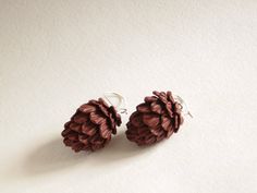 two pine cones are attached to silver earwires on a white surface, one is brown and the other is red