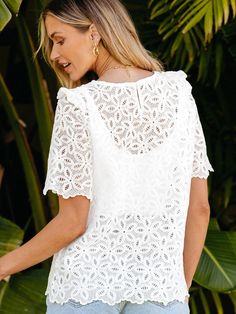 White Elegant Flower Embroidery Hollowed Blouse Enhance your summer wardrobe with our White Elegant Flower Embroidery Hollowed Blouse, a piece designed to add a touch of sophistication to your style. Key Features: Material: 100% Polyester Color: White Style: Elegant Design: Features intricate flower embroidery and delicate hollowed details Fit: Loose fit with a sheath silhouette Neckline: Round Neck Sleeve Length: Short sleeve Benefits: Perfect for daily wear or special occasions Brings elegance Summer V-neck Blouse With Floral Embroidery, Summer V-neck Blouse With Chikankari Embroidery, Elegant Summer Top With Chikankari Embroidery, Elegant Summer Chikankari Embroidered Top, Elegant Chikankari Embroidered Top For Summer, Lace V-neck Blouse With Floral Embroidery, Spring V-neck Blouse With Lace Work, V-neck Lace Blouse With Floral Embroidery, Lace Blouse With Floral Embroidery