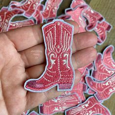 This embroidered pink cowboy boot patch is adorable! Spice up your favorite denim jacket, jeans, shirt, bag, purse, shoes, or anything you can think of for bachelorette parties, concerts, disco cowgirl, festivals, or just everyday items.  * Pink & White Embroidery  * Iron On Backing  * Sew On for items that will be washed routinely * Approximately 2.85 inches by 2 inches If you have any questions please ask! Pink Cowgirl Boot, Pink Cowboy Boot, Pink Cowboy Boots, Pink Cowgirl Boots, Pink Cowboy, Disco Cowgirl, Pink Cowgirl, Cowgirl Boot, Jeans Shirt