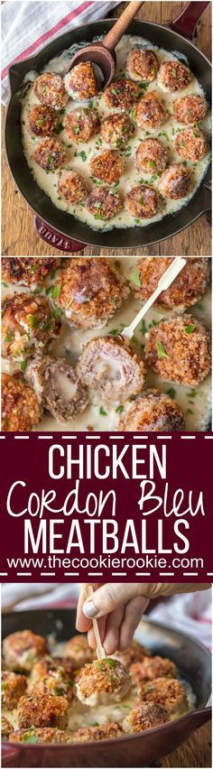 chicken meatballs are being cooked in a skillet and then topped with melted cheese