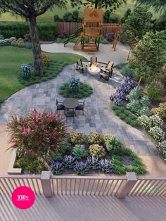 an aerial view of a patio with seating and landscaping