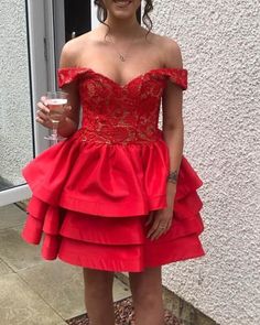 A-line Off The Shoulder Lace Short Ruffles Satin Homecoming Dresses – etyou A-line Ruffled Dress For Formal Occasions, A-line Dresses With Ruffles For Formal Occasions, Ruffled Fit And Flare A-line Dress, Wedding Fit And Flare Mini Dress With Ruffles, A-line Wedding Dress With Ruffles, Fitted Tiered Homecoming Dress, A-line Ruffled Mini Dress For Prom, A-line Mini Dress With Ruffles For Prom, Fitted Tiered Dress For Homecoming