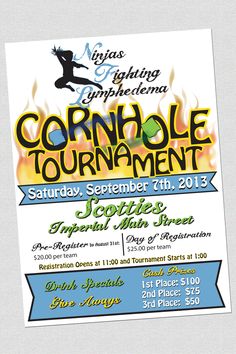 a flyer for the cornhole tournament featuring an image of a woman jumping over fire