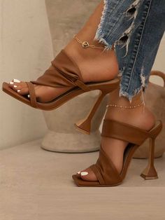 Square Toe PU Sandals | ECHOINE Chic High Heels, Strappy High Heels Sandals, Metallic Jeans, Chique Outfits, High Heel Slippers, Strappy High Heels, Heel Mules, Heel Slippers, Yoga Shorts