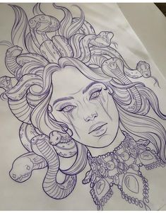 a drawing of a woman's face with snakes around her neck and head, on paper