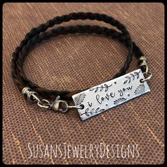 I love you bracelet, leather wrap band, wording jewelry, personalized words, gift for wife mom daughter, single double triple quad wrap Mushroom Jewelry, Metal Stamped Jewelry, Floral Border Design, Jewelry Words, Body Jewelry Piercing, Jewelry Personalized, Bracelet Leather, Hand Stamped Jewelry, Initial Jewelry