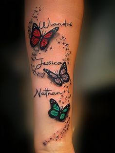 a woman's arm with three butterflies on it and the words, we wander, jesus