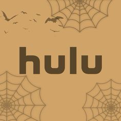 the word hulu is surrounded by bats and cobwes on a beige background