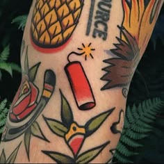 a tattoo with pineapples, fire extinguisher and other things on it